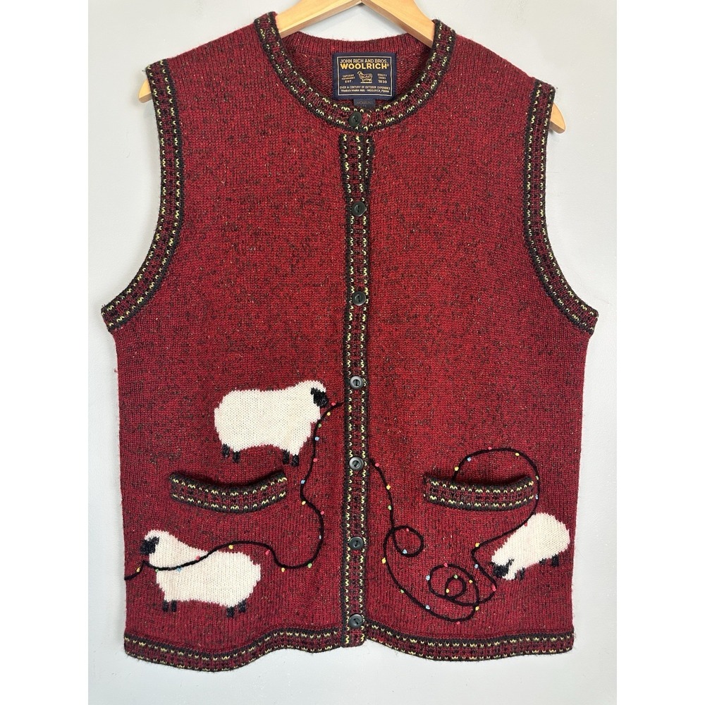 Woolrich Sweater Vest M Lambswool Blend Sheep Lights Christmas Cottagecore Farm